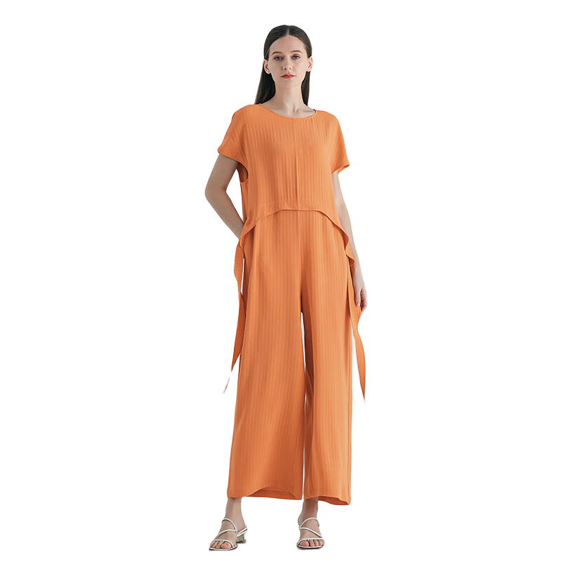 VOA桑蚕丝无界香橙色圆领短袖立体装饰尖角宽松轻熟真丝连体裤 KE861 条纹香橙（C89） XL