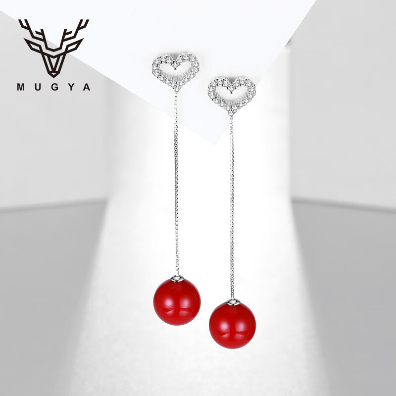 慕嘉红色爱心银耳环女长款银耳钉925银珠时尚银耳饰品送女生生日礼物