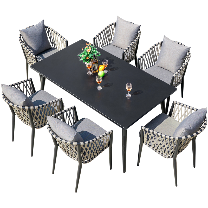 嘉勒美简约北欧户外桌椅庭院花园休闲家具室外露台阳台铝合金餐桌椅 6椅+160*90CM铝长桌