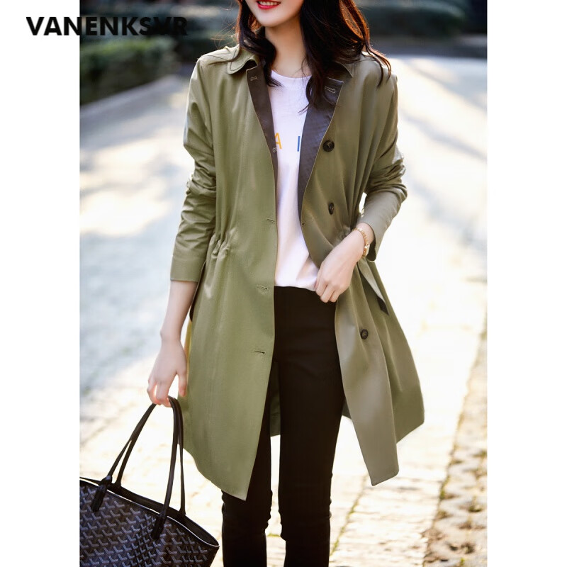 轻奢品牌中长款风衣女 珠链点缀 抽绳显瘦收腰外套 秋季新款女装 灰绿