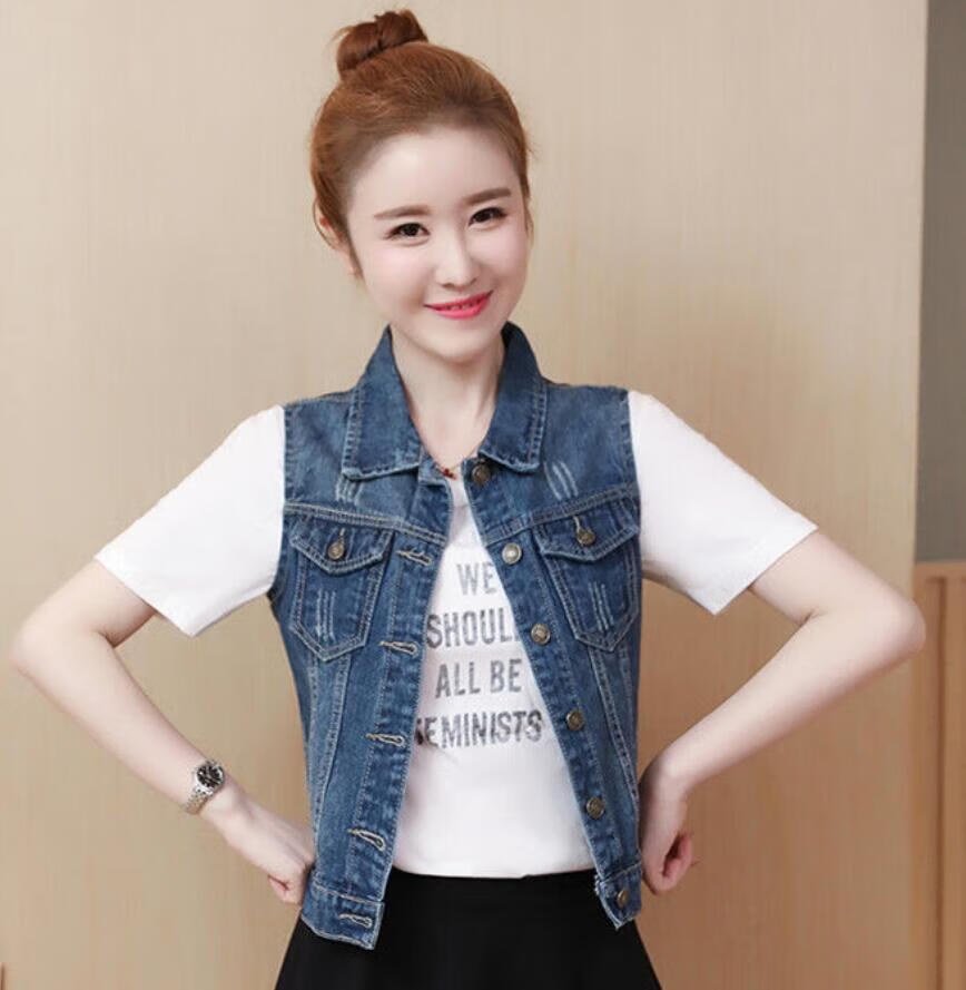 普戈斯(pugesi)牛仔马甲女女装韩版短款宽松坎肩牛仔马夹背心外套潮