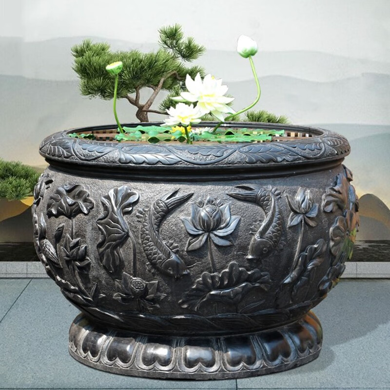 鲁寨石业石雕荷花鱼缸石头庭院圆形水缸养鱼花盆青石仿古超大石缸
