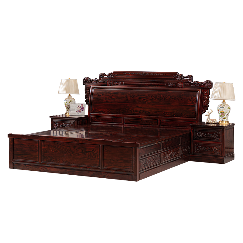 祥蕴阁 红木家具印尼黑酸枝学名阔叶黄檀财源滚滚大床明清古典实木双人床1.8米三件套组合 限额定金专拍