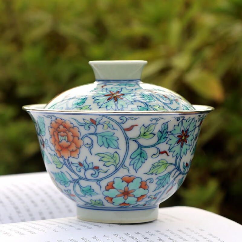 北野工坊景德镇手工茶具青也山房泡茶器手绘青花斗彩盖杯包银扣花卉