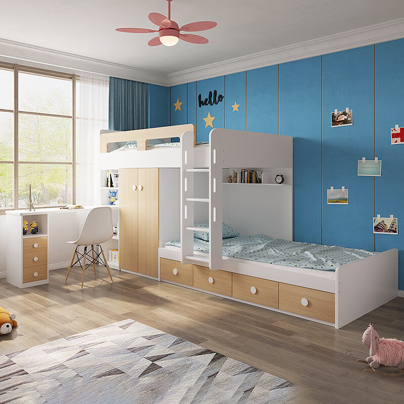 寝舒堡（SLeep castle）多功能高低床子母床儿童成人上下床双层床带书桌衣柜组合床 （木纹色）组合床