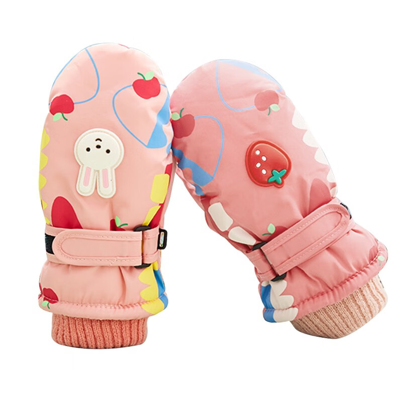 火炬人儿童手套冬季保暖加绒棉3岁到6岁男女宝宝小孩滑雪手套玩雪手套 草莓兔子