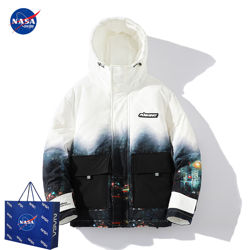 nasadkgm羽绒服男外套冬季宇航员太空小熊中长款羽绒服男女情侣渐变