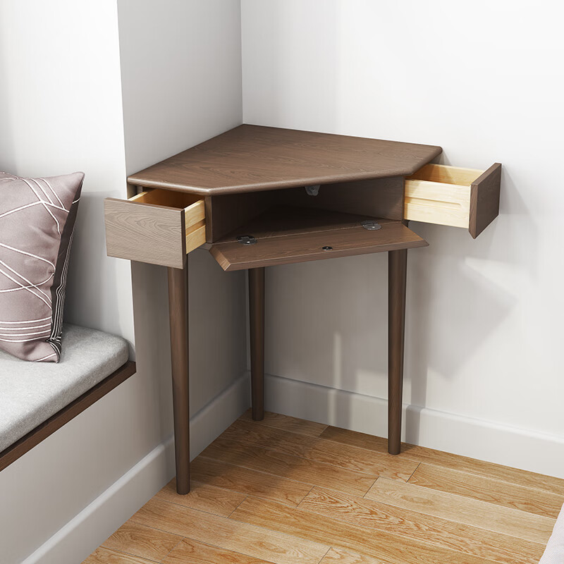 登士柏实木三角桌墙角书桌家用电脑桌 转角书桌-胡桃色