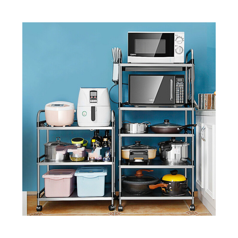 菲达森 厨房微波炉置物架落地式不锈钢货架小推车可移动多层杂物架微波炉架子收纳架放锅烤箱家用省空间定制 二层:55长+刀架筷筒