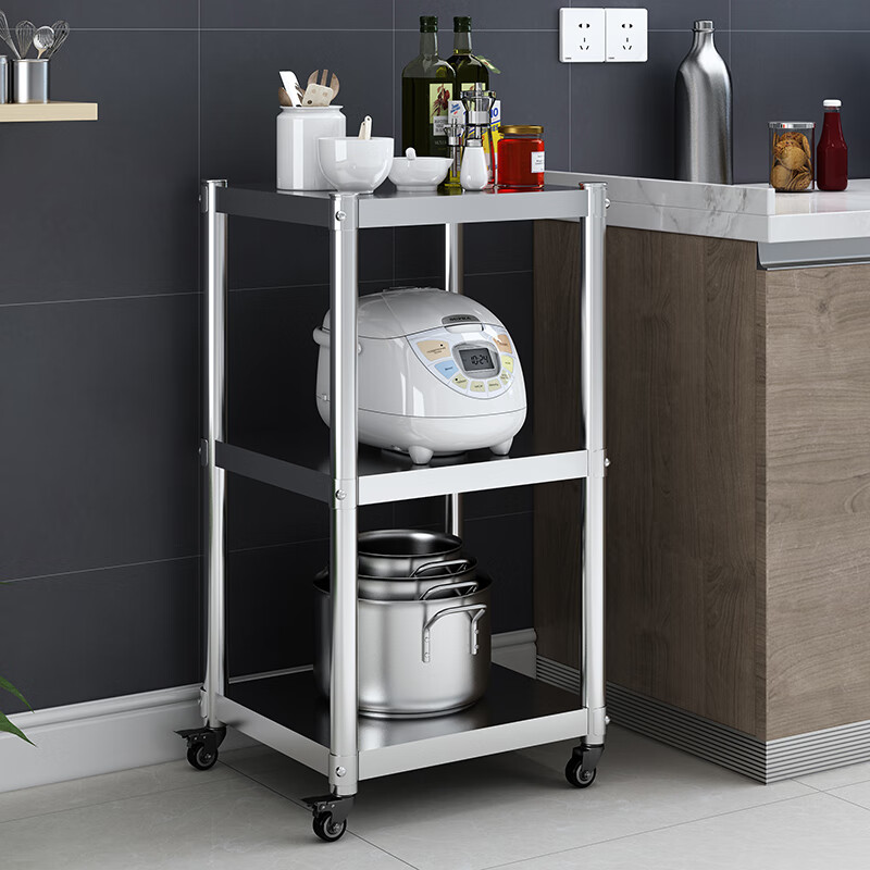 萌依儿带轮子置物架可移动可移动厨房不锈钢置物架落地多层收纳架锅碗