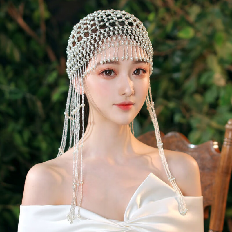 【曲美思】新娘头饰仿珍珠流苏帽子童年回忆手工串珠复古风百搭款时尚
