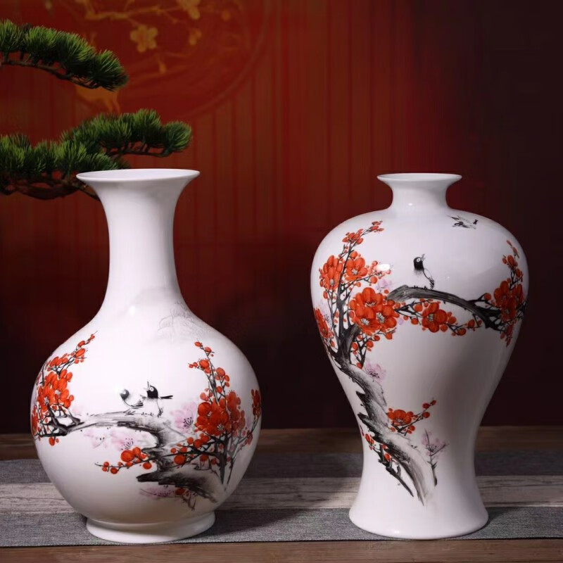 鑫汇融创宁勤征《国瓷7501喜上眉梢对瓶》办公室家居陶瓷花瓶摆件瓷器