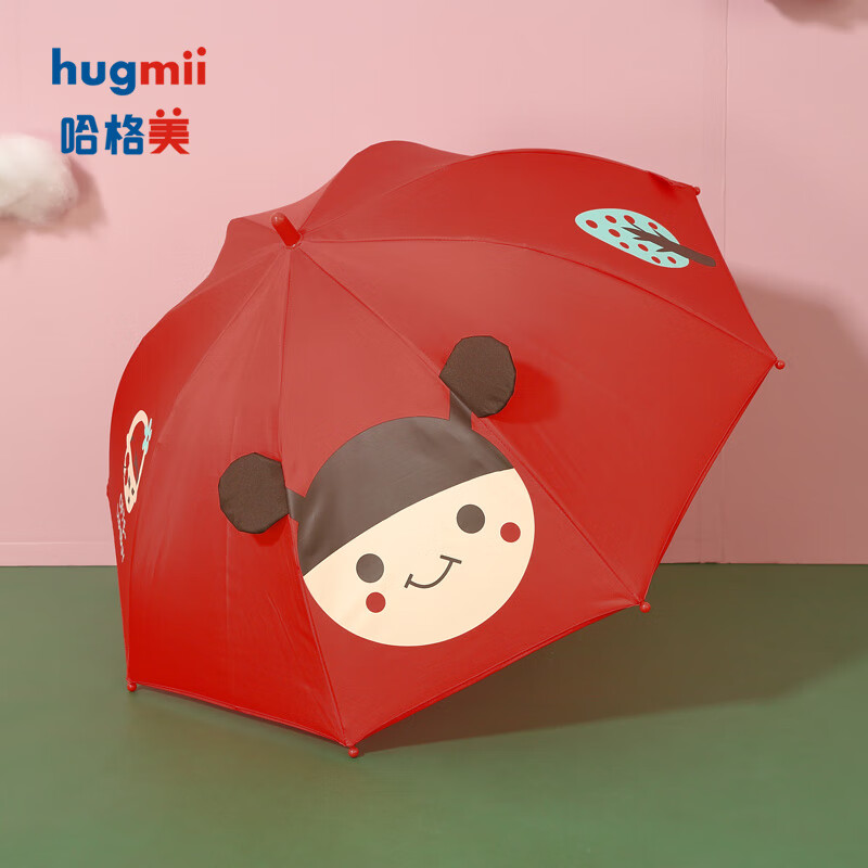 hugmii哈格美儿童长柄雨伞男女小孩宝宝卡通动物雨伞立体造型手动学生伞 红色瓢虫