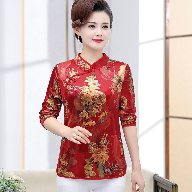 老人家秋天穿的衣服女中老年人妈妈新款长袖短款改良旗袍上衣小衫中年