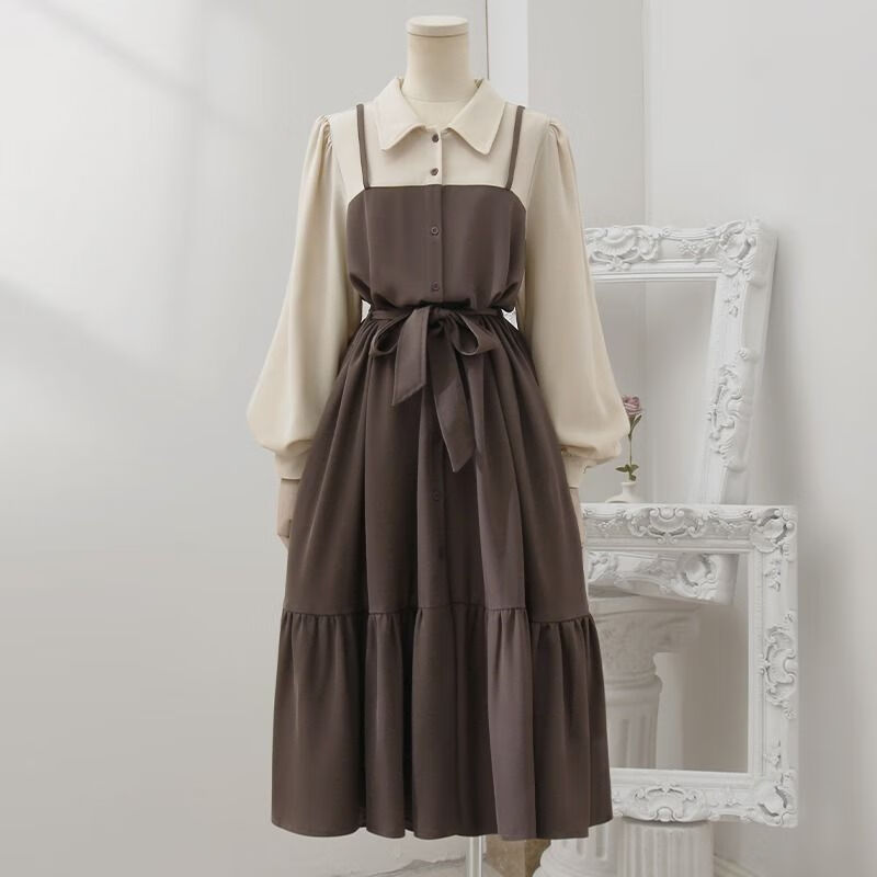 风减龄长秋冬提拉米苏配色假两件长袖连衣女温柔风撞色拼接中长款衬衫