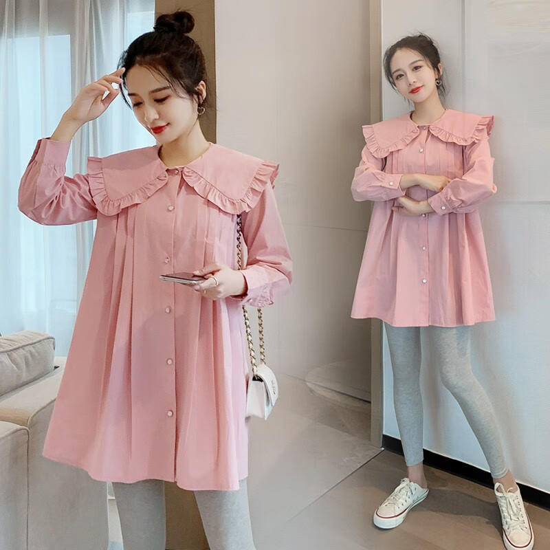 恭宝孕妇装春秋款连衣裙外穿孕妇秋装时尚款套装翻领春季长袖上衣