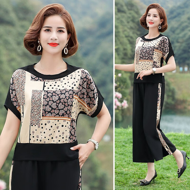 孜颜妈妈装夏季套装50-60岁洋气中老年女装夏装新款休闲两件套衣服女 2213米黄套装 XL 建议100斤内