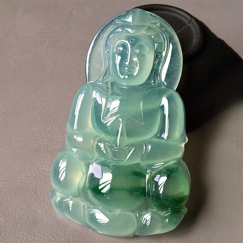 蝶灿 缅甸老坑翡翠玉石雕刻冰种飘花飘绿观音翡翠吊坠