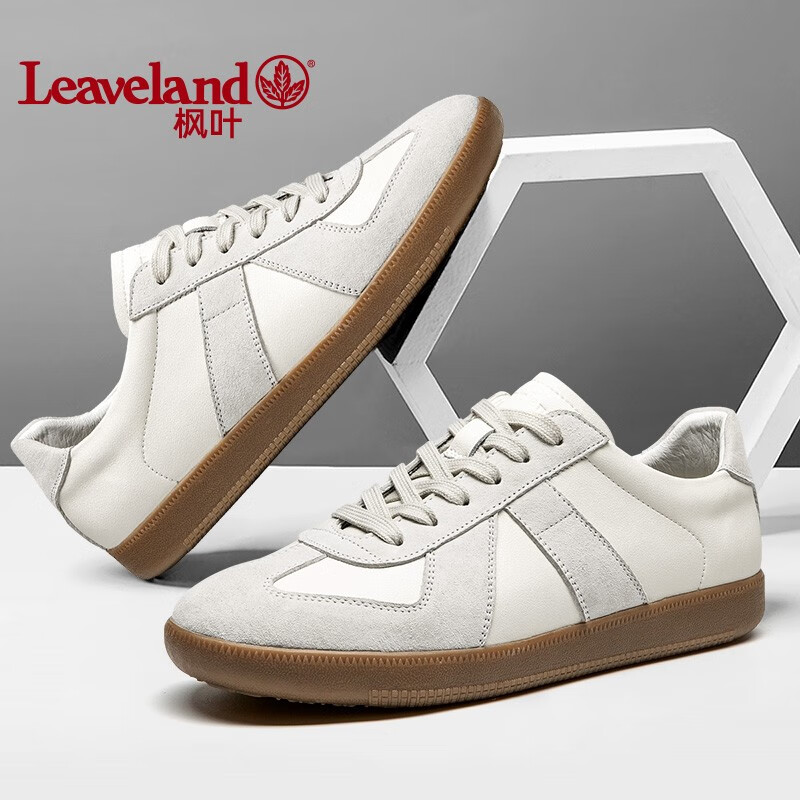 枫叶（leaveland）意大利男鞋2024新品真牛皮复古情侣款德训鞋户外男士运动休闲板鞋 【升级版抑菌】白色（皮鞋码） 40