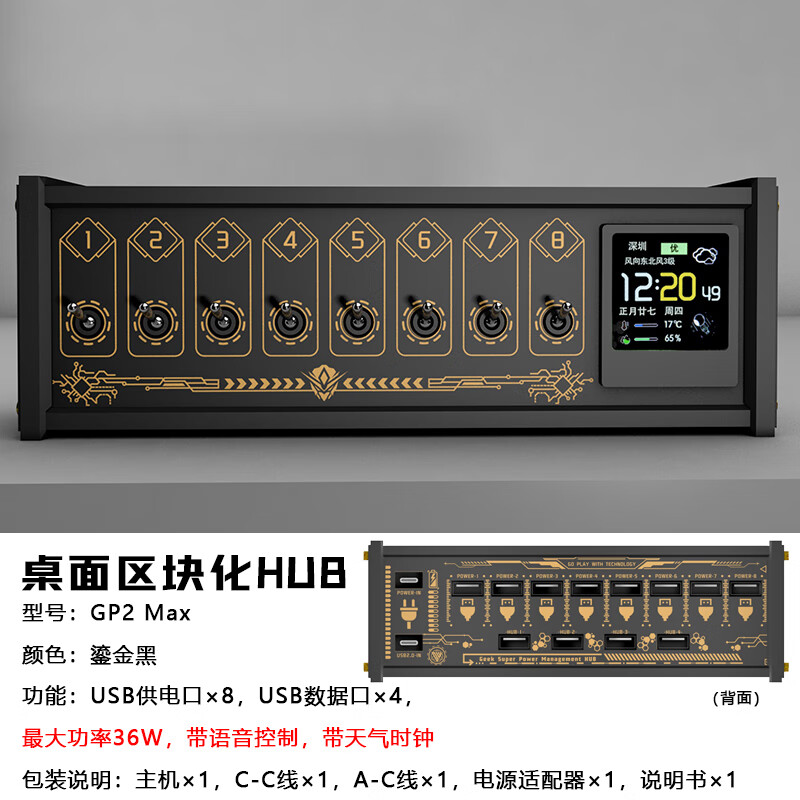 PCDock电脑区块化USB接口多功能桌面多接口扩展坞排插独立开关带供电桌搭贾维斯语音控制器送男朋友礼物 GP2 Max|开光+USB拓展+屏幕+语音