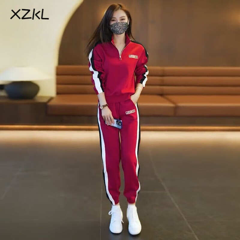 XZKL 休闲运动服套装女秋冬新款宽松显瘦时尚减龄卫衣卫裤加绒两件套 酒红色套装 春秋  L 100-110斤