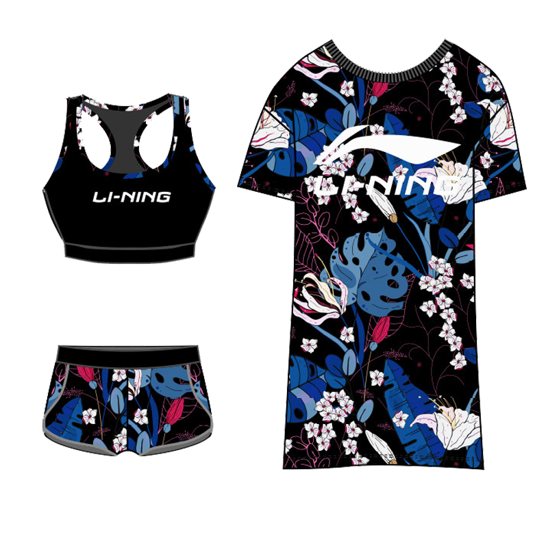 李寧（LI-NING）泳衣女分體三件套沙灘度假防曬罩衫遮肚顯瘦溫泉泳裝727黑藍(lán)XXL