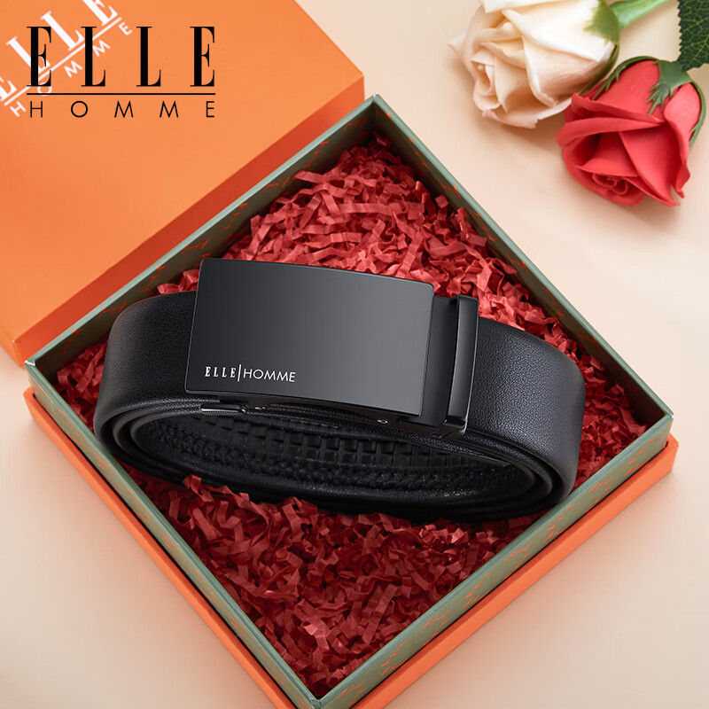 ELLE HOMME法国品牌男士皮带男真皮自动扣腰带纯牛皮商务裤带生日礼物送男友 【专柜礼盒】902046百搭哑光扣 110cm -130cm随机/联系客服指定