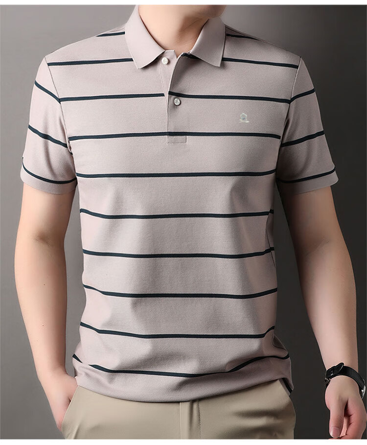 梦特娇(montagut)国际新品时尚100%纯棉条纹短袖t恤男夏季翻领休闲