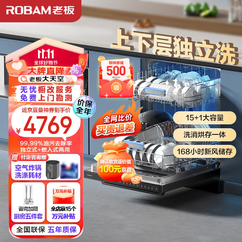老板（Robam）F80D黑【大天空】洗碗机15套嵌入式去重油污热风烘干消杀168h长效存储一体机家用独立式分层洗属于什么档次？