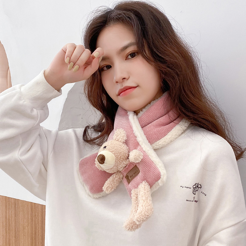 淘有型小熊毛绒围巾女冬天保暖卡通可爱毛绒交叉围脖韩版学生脖套加厚 DWJ35 小熊公仔 粉色 京东折扣/优惠券