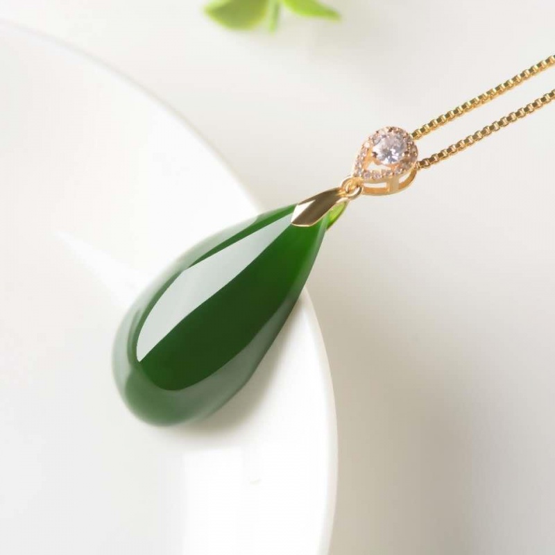 龙姑娘和田玉碧玉项链菠菜绿女款水滴18镶玉玉坠吊坠挂件女礼物 吊坠