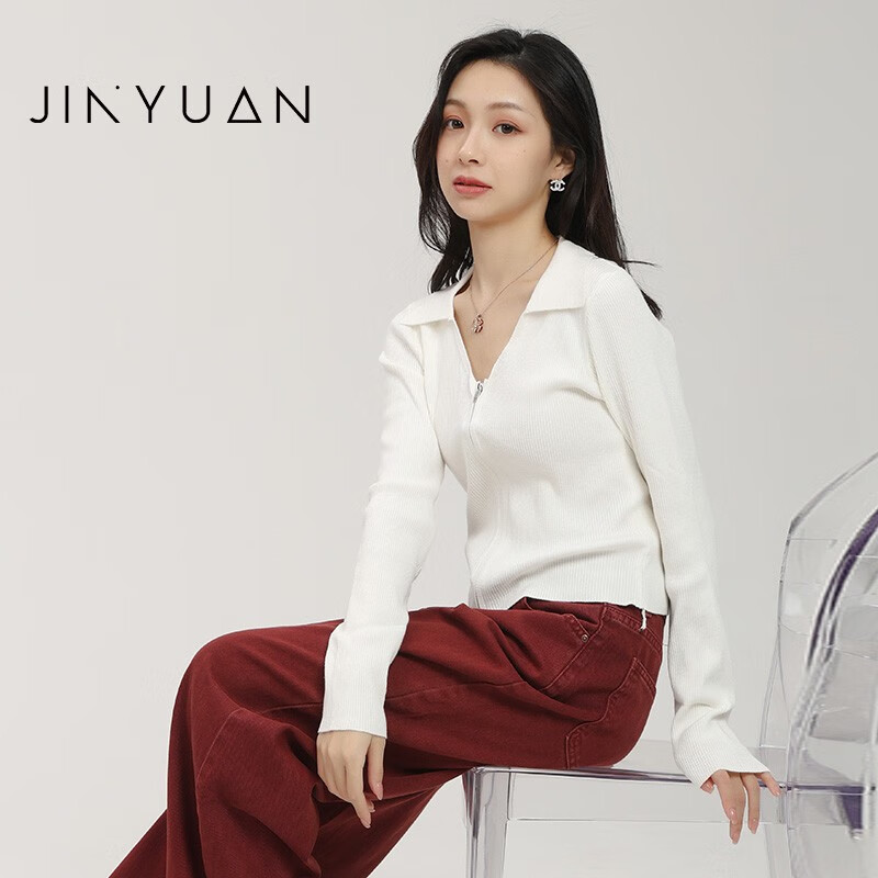 金苑短款双拉链黑色针织开衫早秋季外搭毛衣外套女装上衣h233108 米白