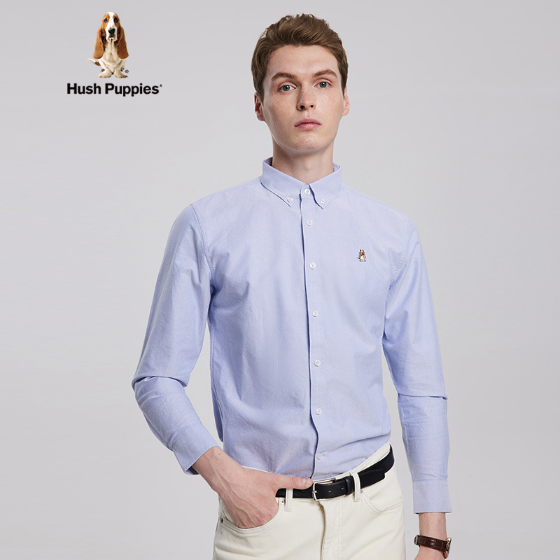 暇步士(Hush Puppies)男装秋纯色刺绣休闲长袖衬衫 025浅蓝2 XL