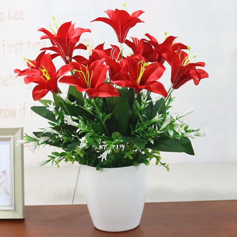 客厅装饰塑料花假花摆设绢花束摆件花瓶插花 3号盆14头红色百合套装