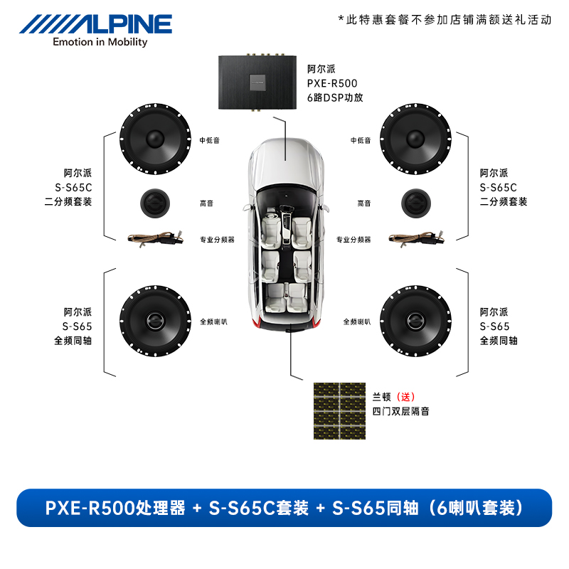 阿尔派S-S65C车载二分频扬声器套装无损升级6.5寸车载同轴喇叭汽车音响改装 R500处理器+S系列六喇叭套装