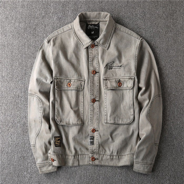 彦沨阿美咔叽美式牛仔夹克外套男重工水洗做旧机车复古字母刺绣上衣男