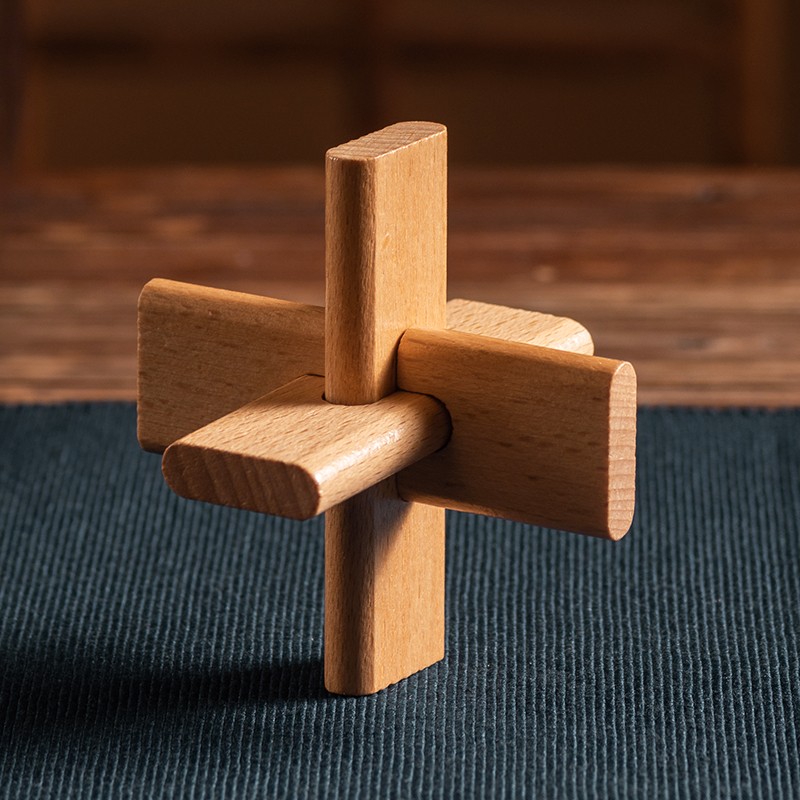 鲁班锁孔明锁儿童积木益智玩具全套成人解压玩具 十级难度实木质 三通