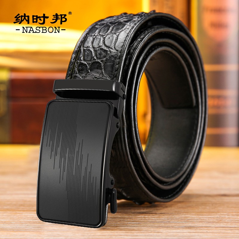 nasbon轻奢品牌 新款青中年男士鳄鱼皮皮带商务正装腰带鳄鱼皮时尚