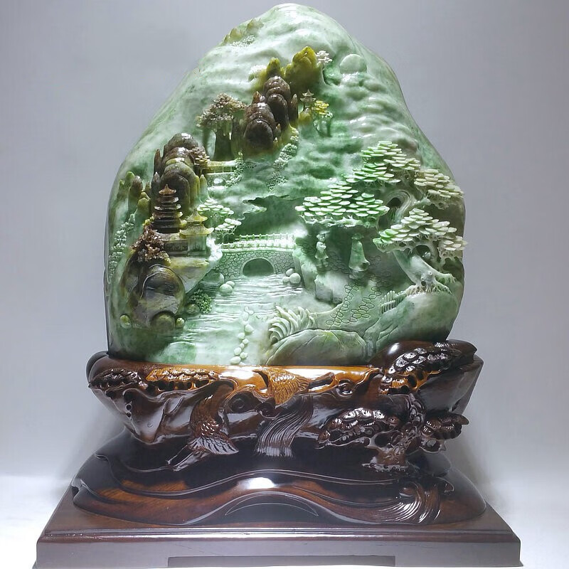 摆件天然南阳独山玉原石绿白料手工雕刻高山仰止意境山子摆设收藏玉雕
