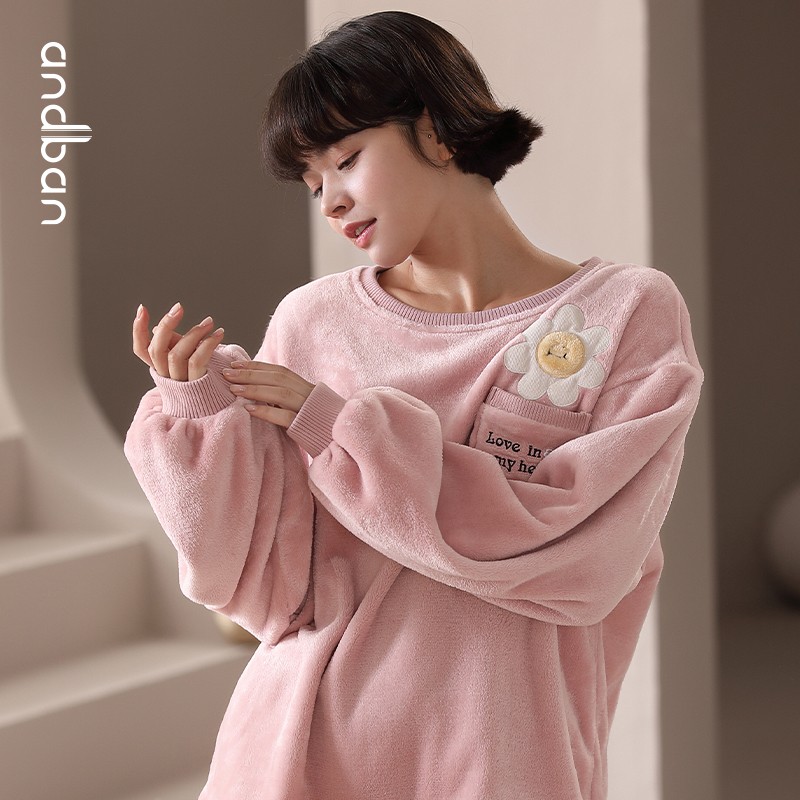 安之伴睡衣女晚秋冬法兰绒保暖厚款圆领可爱小花可外穿女士家居服套装 冰兰 XL