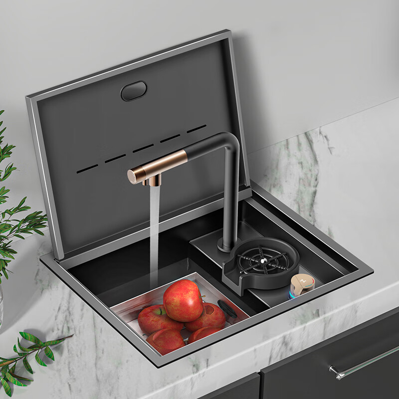 凯斯宝玛岛台隐藏水槽纳米黑升降式折叠式水龙头双水槽304不锈钢含双