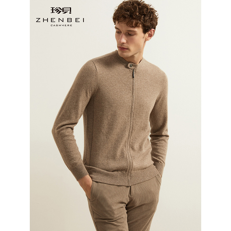 ZB/珍贝纯羊绒衫男秋冬新款拉链衫针织衫保暖外套纯色M003 婉驼 XL/(120#)