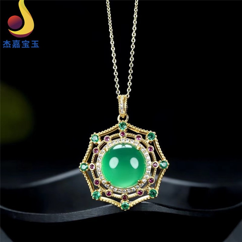 杰嘉宝玉  原创新款蜘蛛网古法镶嵌玉髓精致两件套戒指锁骨链带证书