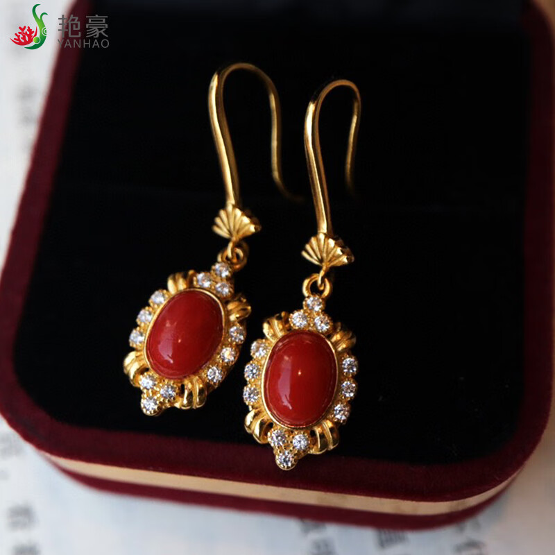 艳豪台湾精品珊瑚耳环耳坠925银镶嵌挂钩耳环高端珠宝送老婆生日礼物