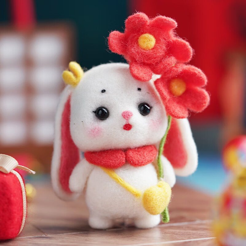 小白兔梧桐家羊毛氈戳戳樂iy材料包情侶創(chuàng)意簡單手工禮物掛飾 花花兔-送工具+視頻