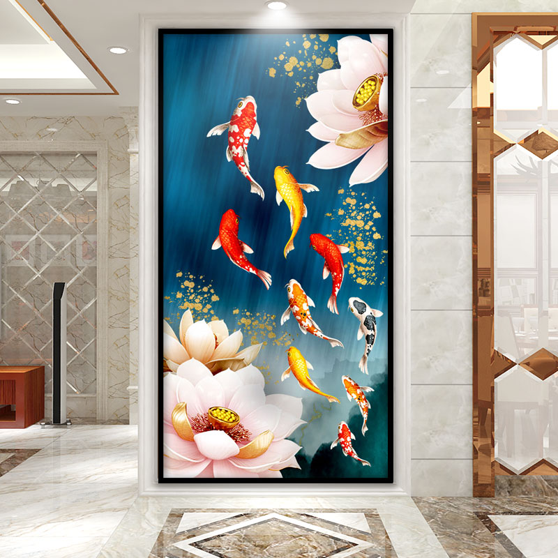 七点见  九鱼聚财玄关装饰画客厅年年有余镶钻晶瓷画餐厅竖版壁画和气
