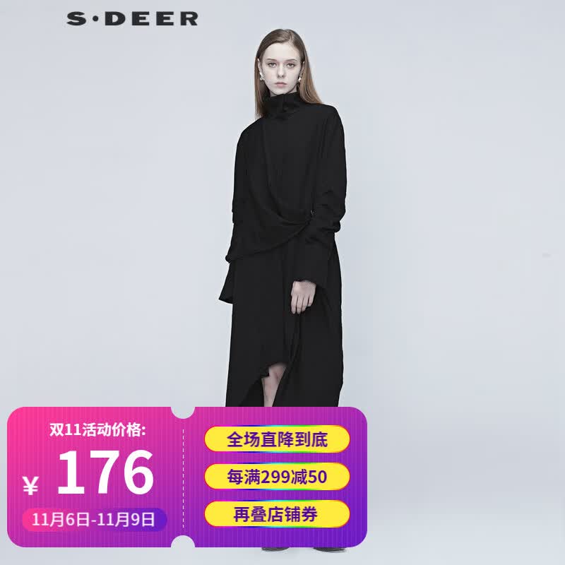 sdeer圣迪奥秋季女装休闲时尚常规袖纯色通勤设计感拼接立领纯黑长外套S20381803 黑色/91 M/165怎么样,好用不?