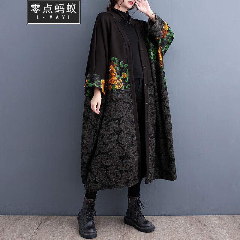 零點(diǎn)螞蟻200斤大碼女裝秋冬民族風(fēng)復(fù)古印花長(zhǎng)款風(fēng)衣外套遮肚顯瘦休閑大衣 黑色 均碼【150-200斤】
