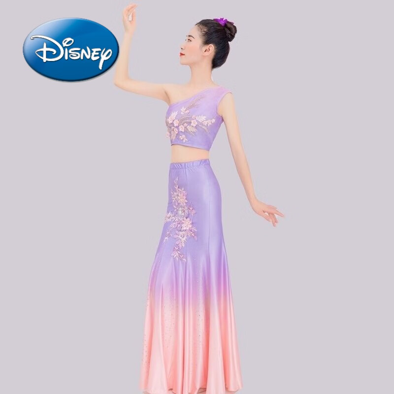 迪士尼（Disney）新款傣族舞蹈演出服儿童成人孔雀舞鱼尾练功半身裙:艺考舞蹈服装 紫色渐变绣花套装 s