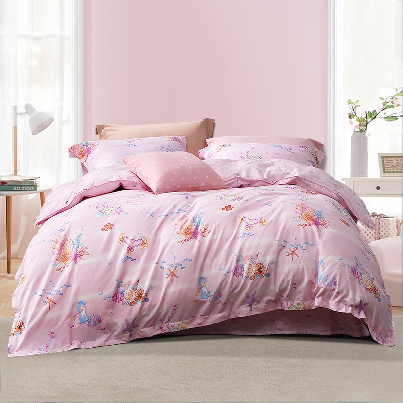 富安娜家纺 床上四件套纯棉床品套件双人床单被套 （馨而乐）梦粉 1.8米床适用（被套230*229cm）